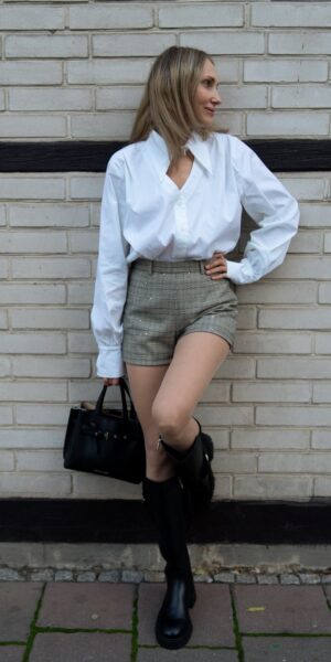 Eleganckie szorty w kratkę z cekinami Urban Sparkle – stylizacja z białą koszulą