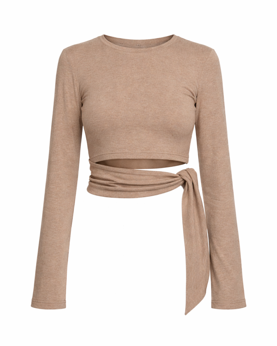 bluzka damska beżowa z długim rękawem dopasowana basic